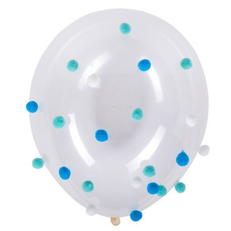 5 Luftballons transparent mit PomPoms blau grün